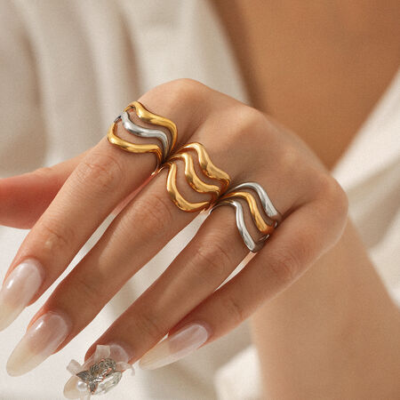 1 Piece Simple Daily Lines Stainless Steel Waterproof Gold Color Statement Rings