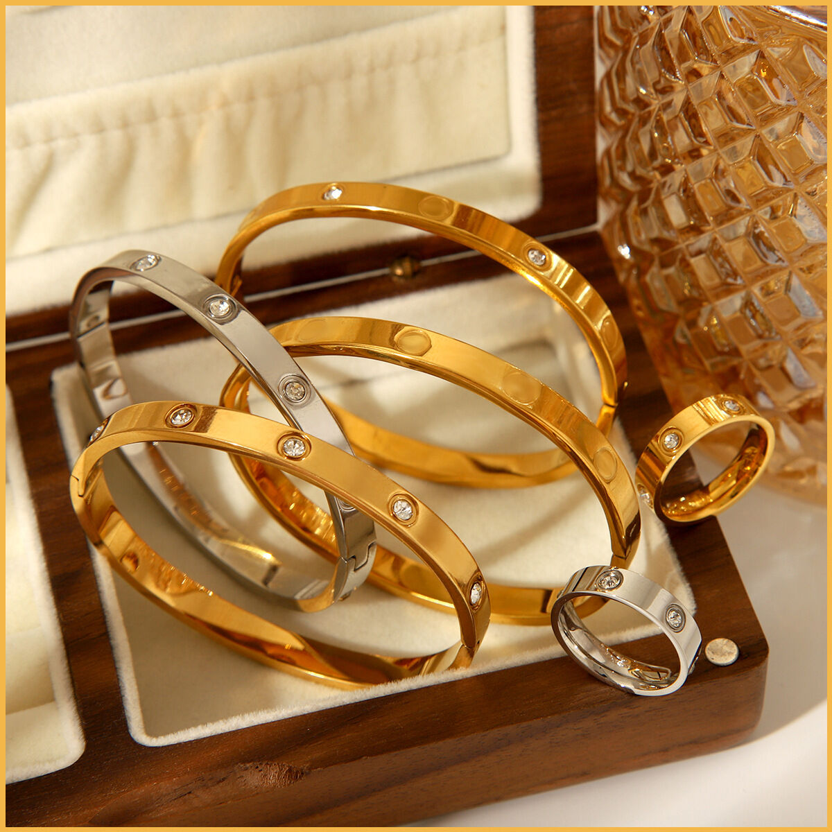 1 Pair Simple Series Daily Geometric Stainless Steel Waterproof   Gold Color  Zircon Women's Bangles 2