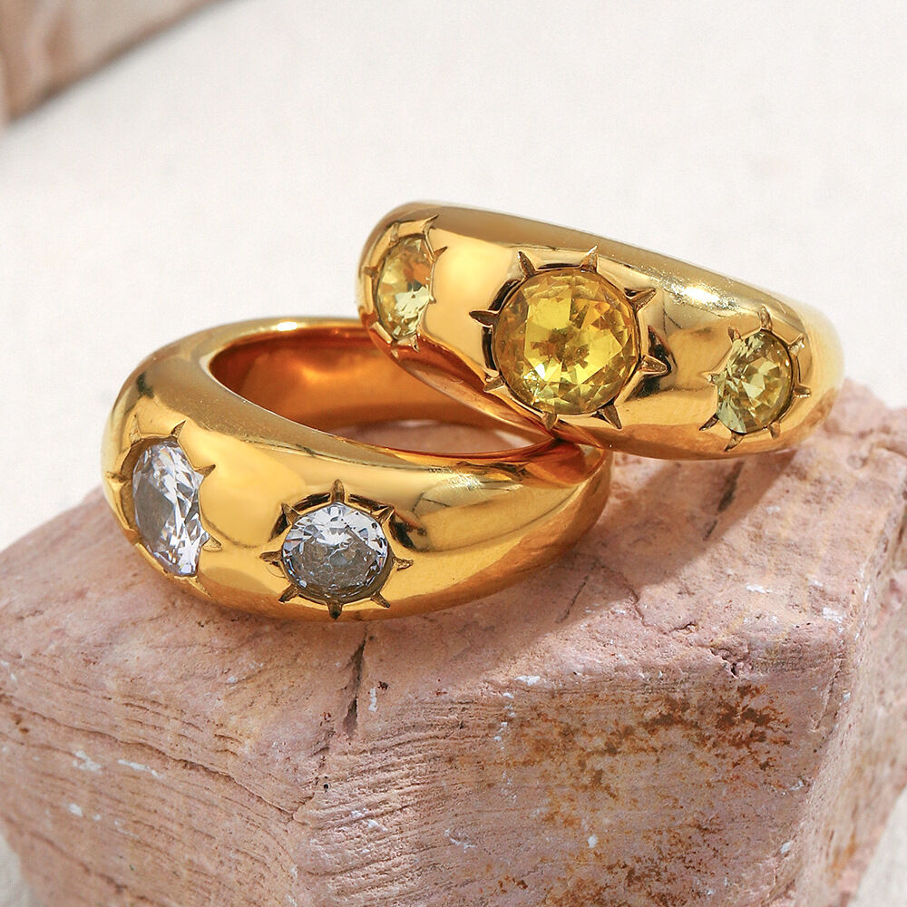 1 Piece Glamorous Round Stainless Steel Waterproof Gold Color Gemstone Rings