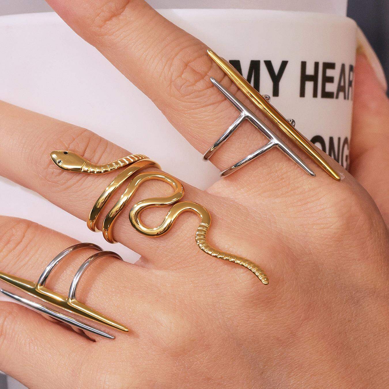 1 Piece Simple Series Natural Snake Stainless Steel Waterproof Gold Color Statement Rings