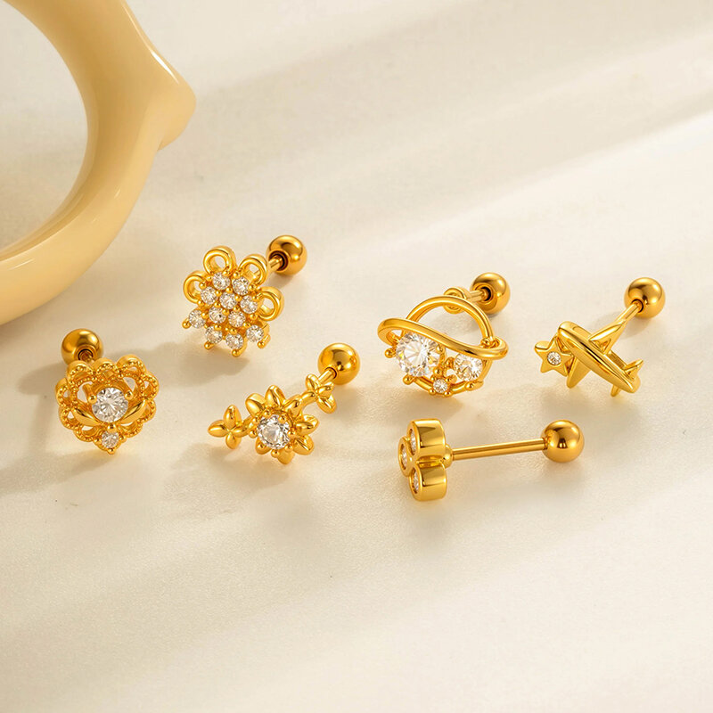 1 Piece Heart Copper Gold Color Zircon Piercing Earring