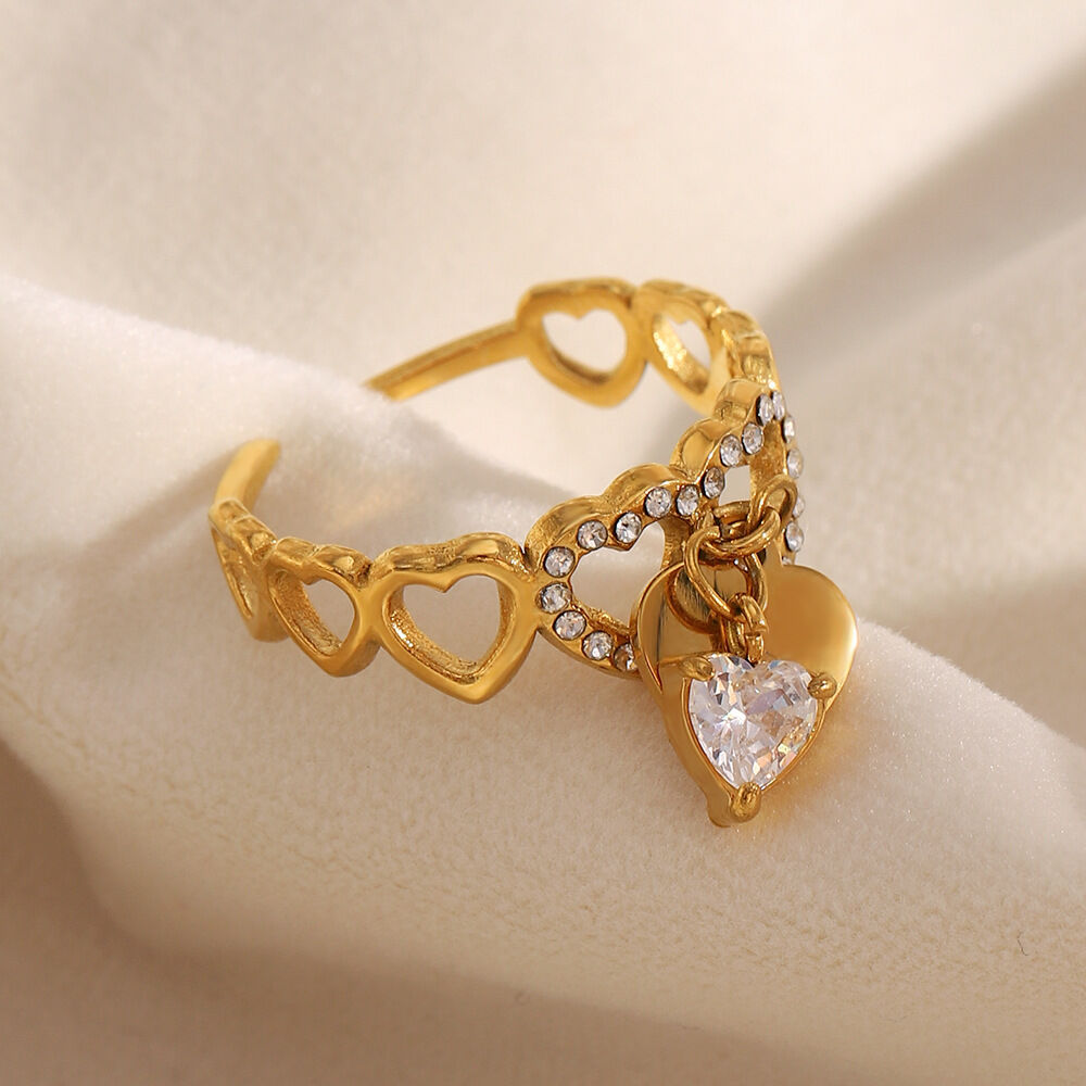 Heart Zircon Stainless Steel Waterproof Gold Color Statement Ring h5 Picture3