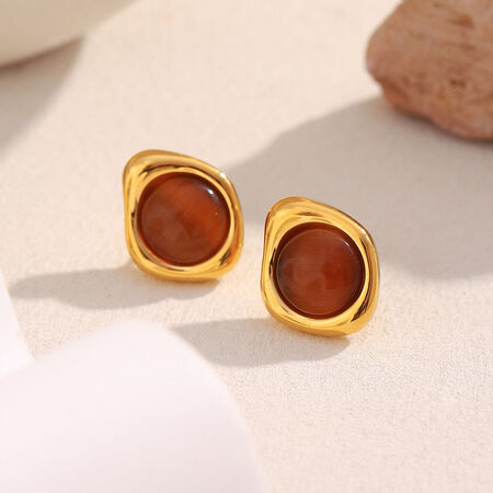 1 Pair Classic Annular Natural Stone Stainless Steel Waterproof Gold Color Women's Stud Earrings 2