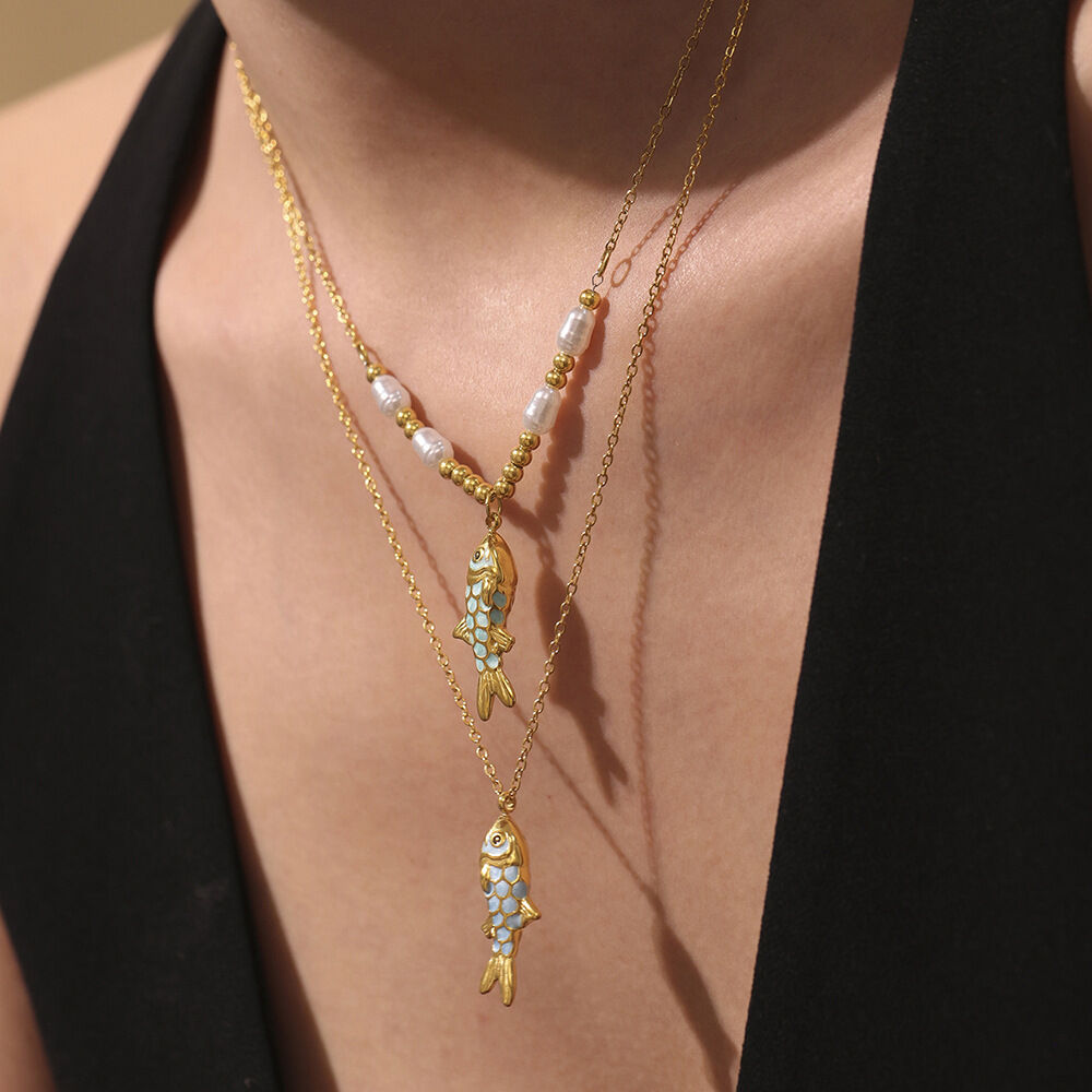 1 Piece Colorful Fish Stainless Steel Waterproof Gold Color Women's Necklaces Sets h5 Picture4