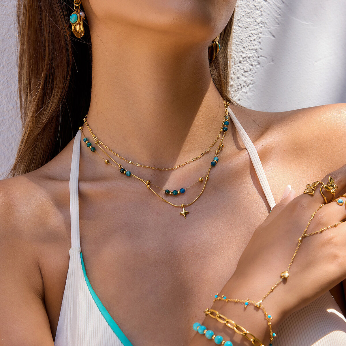 Collana a strati da donna in acciaio inossidabile con perline retrò e stella, 1 pezzo, impermeabile, color oro 2