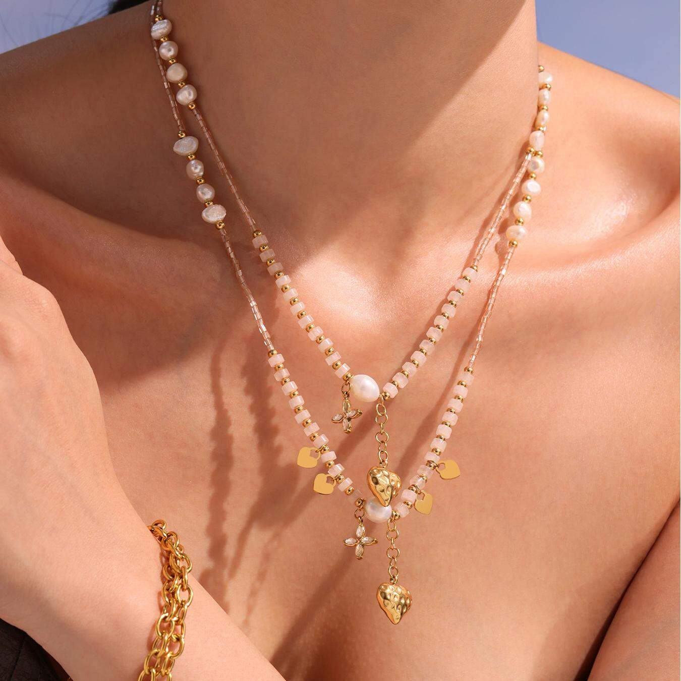 1 pezzo elegante collana di perline da donna con pietre naturali a forma di cuore e perla color oro