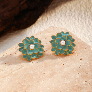 1 par de pendientes de botón de acero inoxidable con diseño de flores retro, resistentes al agua y color dorado. h5 Imagen4