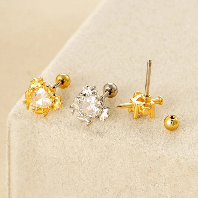 1 Piece Heart Copper Gold Color  Zircon Piercing Earring 2