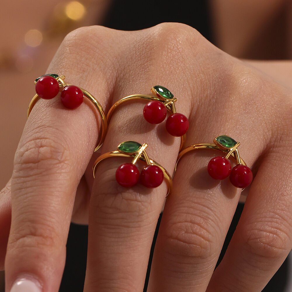 1 Piece Romantic Cherry Stainless Steel Waterproof Gold Color Statement Rings 2