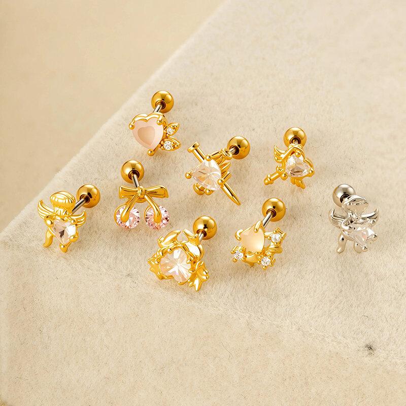 1 Piece Heart Copper Gold Color  Zircon Piercing Earring