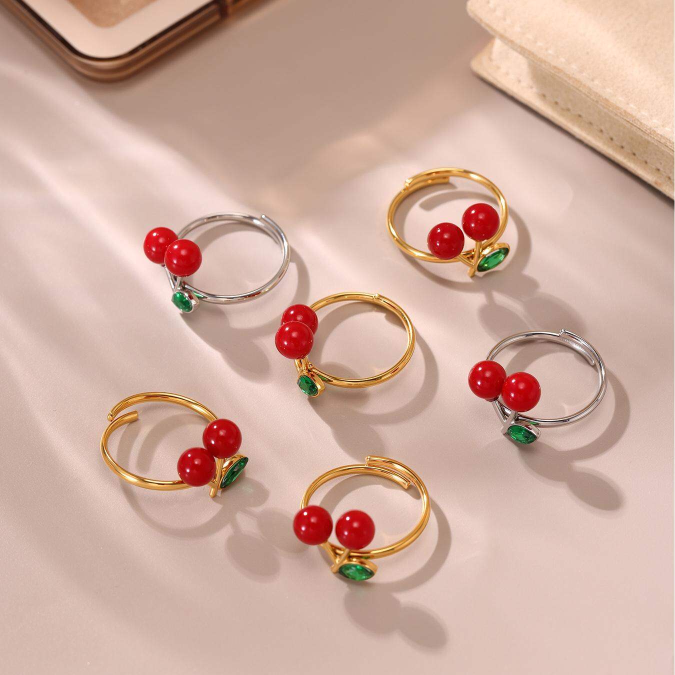 1 stuk romantische kersenkleurige, waterdichte, roestvrijstalen statement ring in goudkleur Afbeelding7