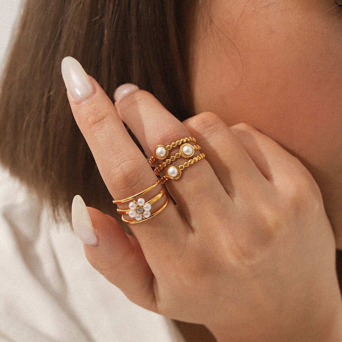 1 Piece Daily Flower Beads Stainless Steel Waterproof  Pearl Statement Rings