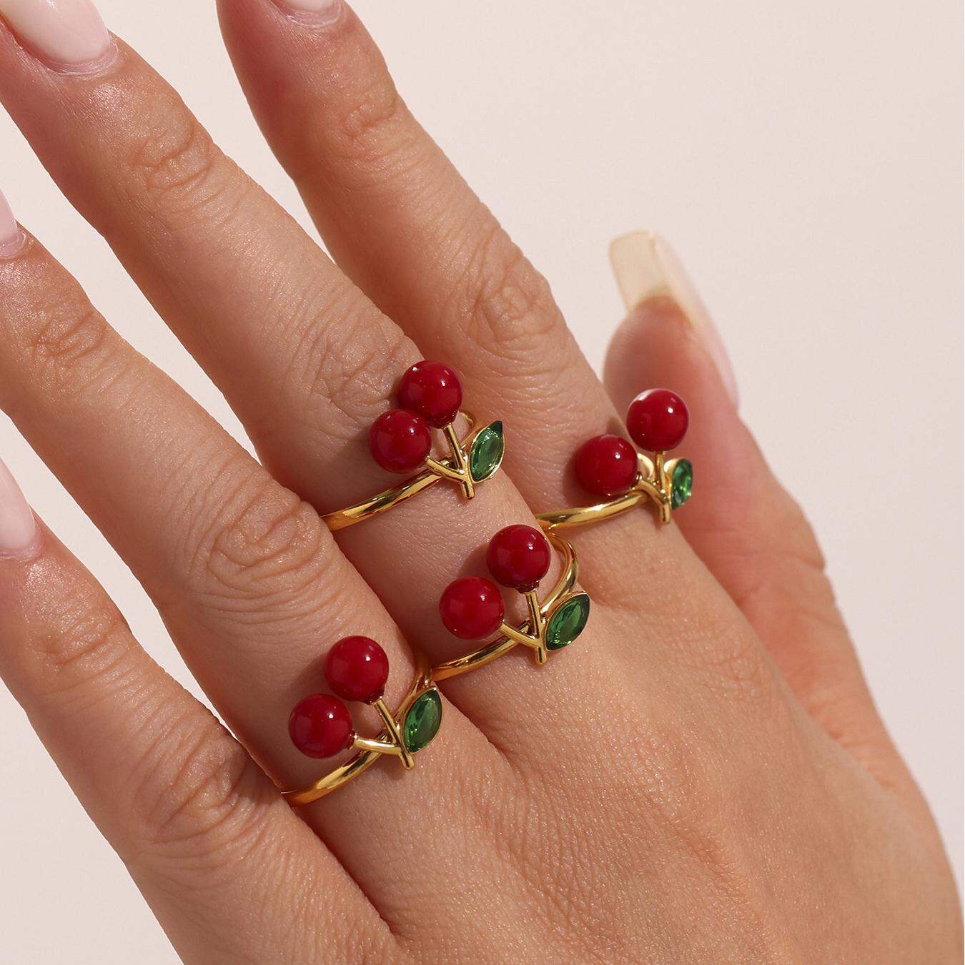 1 Piece Romantic Cherry Stainless Steel Waterproof Gold Color Statement Rings