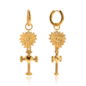 1 Pair Retro Heart&Cross Stainless Steel Waterproof Gold Color Women's Drop Earrings h5