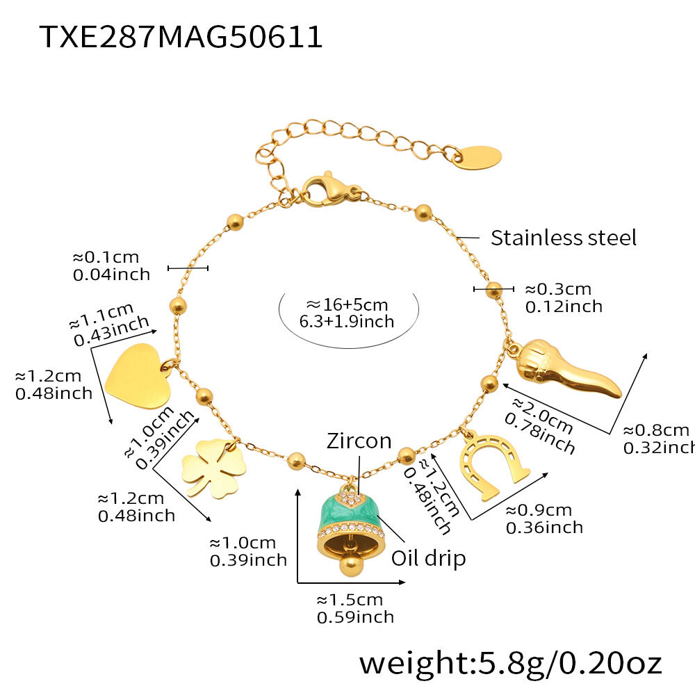 Txe287-Golden Light Green Bell Enamel Bracelet 16+5Cm Picture12