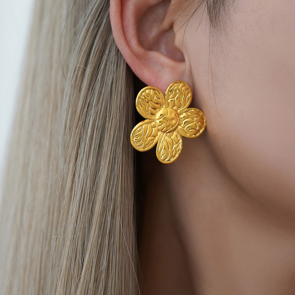 1 Pair Simple Daily Flower Stainless Steel Waterproof Gold Color Women's Stud Earrings h5Picture5