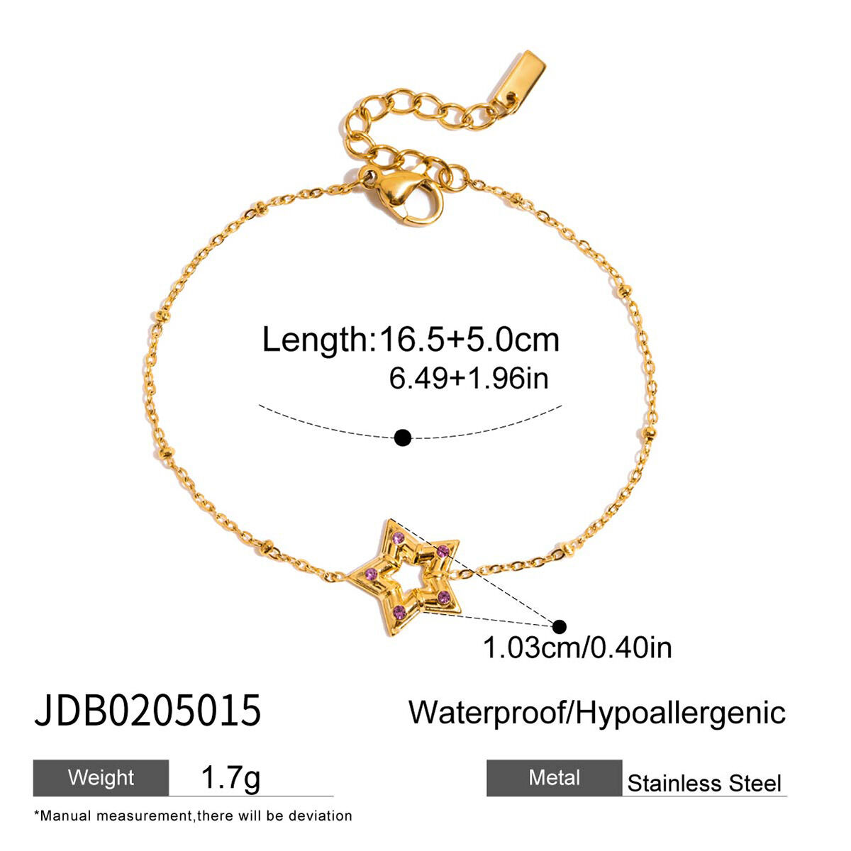 1 pulsera con dijes de estrella encantadora de acero inoxidable, resistente al agua, color dorado, para mujer. 