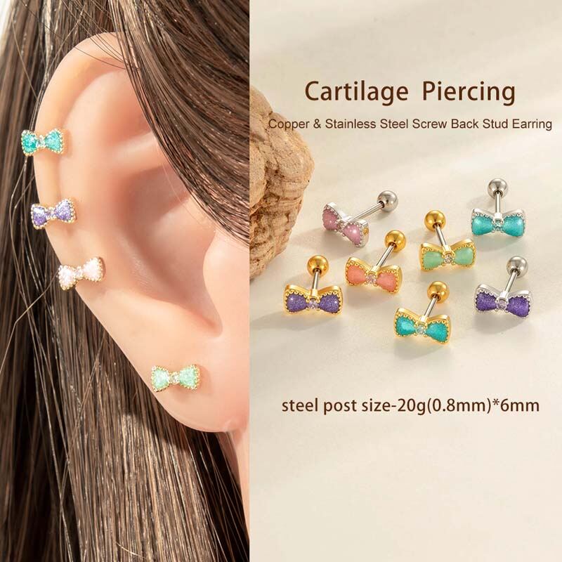 Pendientes de perforación para mujer con lazo policromado, color cobre y circonitas doradas. Imagen5