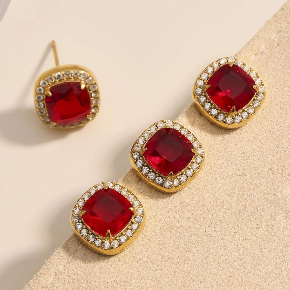 1 Piece Classic Square Stainless Steel Waterproof Gold Color Red Zircon Women's Jewelry Sets h5Picture4