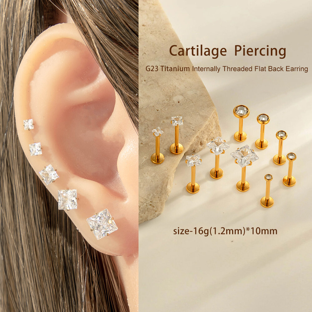 1 Piece Rectangle Titanium Alloy Gold Color Zircon Piercing Earring h5Picture5