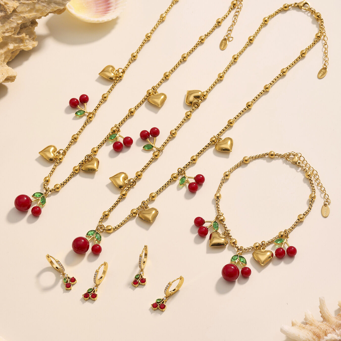 Set di gioielli da donna in acciaio inossidabile color oro impermeabile, 1 pezzo, color ciliegia vivido 2