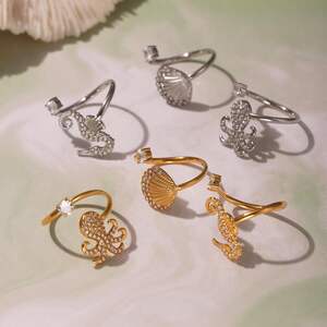 1 pezzo di anello con scritta "Vacance Sea Horse" in acciaio inossidabile, impermeabile, color oro h5 Immagine2