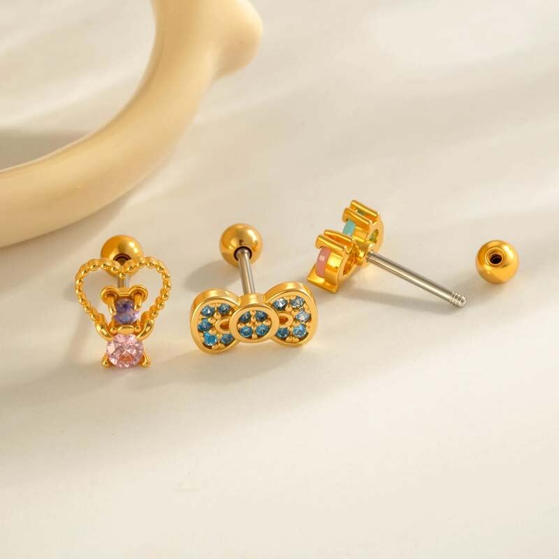 Orecchino piercing in zircone color oro e rame con fiocco, 1 pezzo 2