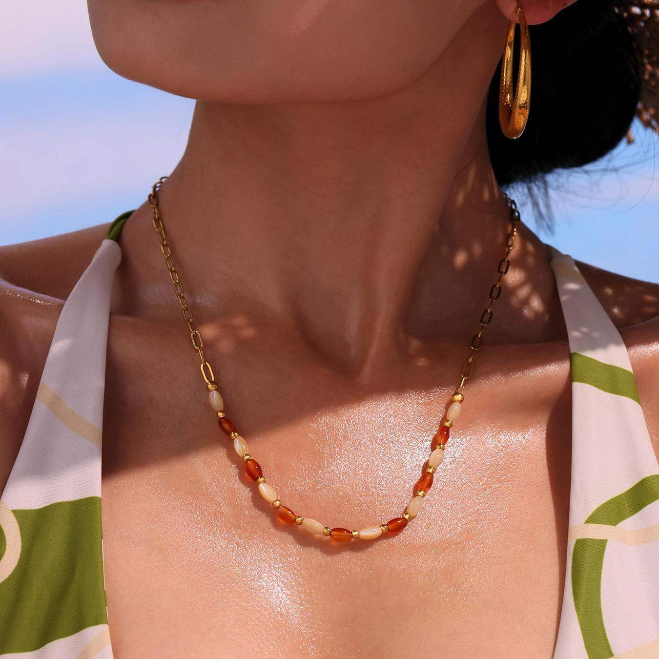 1 Piece Ethnic Series Oval Beads Natural Stones Gold Color Women's Necklaces Sets