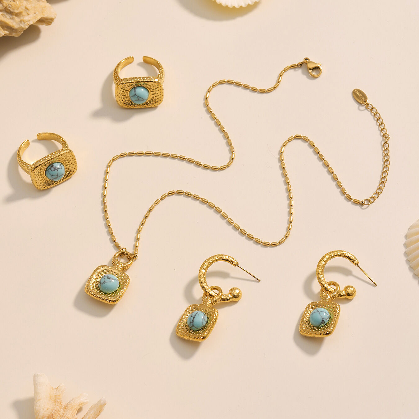 Set di gioielli da donna in pietra naturale color oro impermeabile in acciaio inossidabile con motivo rettangolare retrò turchese da 1 pezzo 2