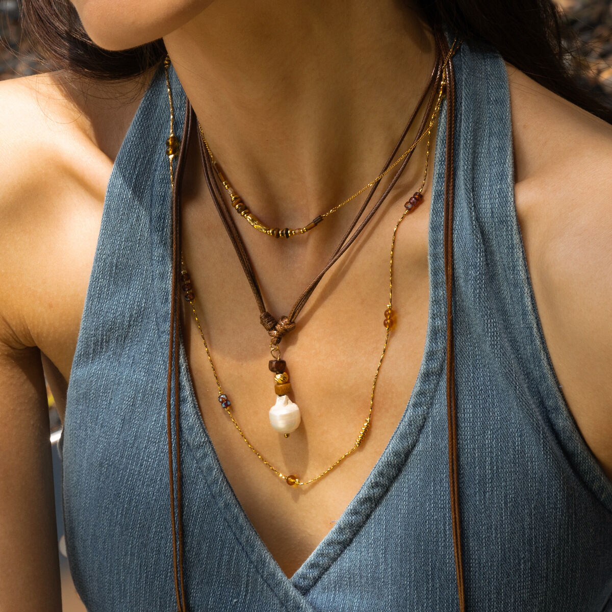 Retro Natural Stones Gold Color Necklaces Set 2