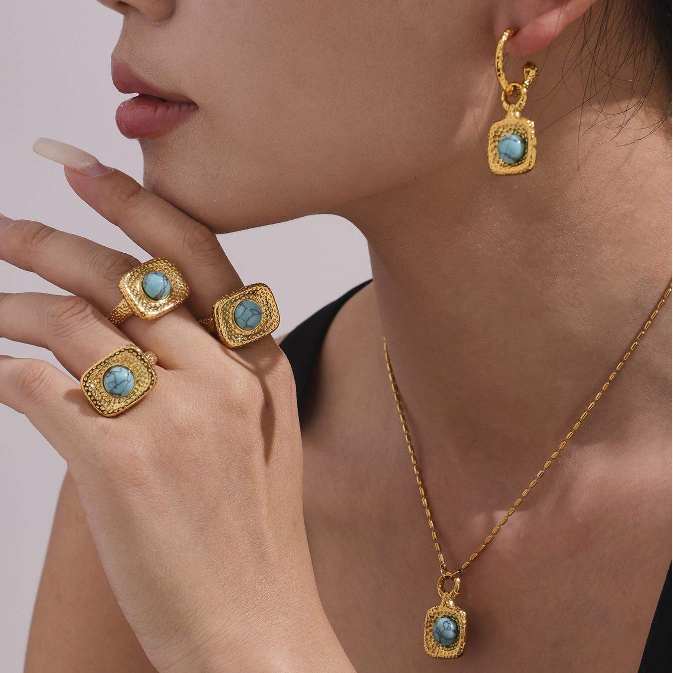 Set di gioielli da donna in pietra naturale color oro impermeabile in acciaio inossidabile con motivo rettangolare retrò turchese da 1 pezzo
