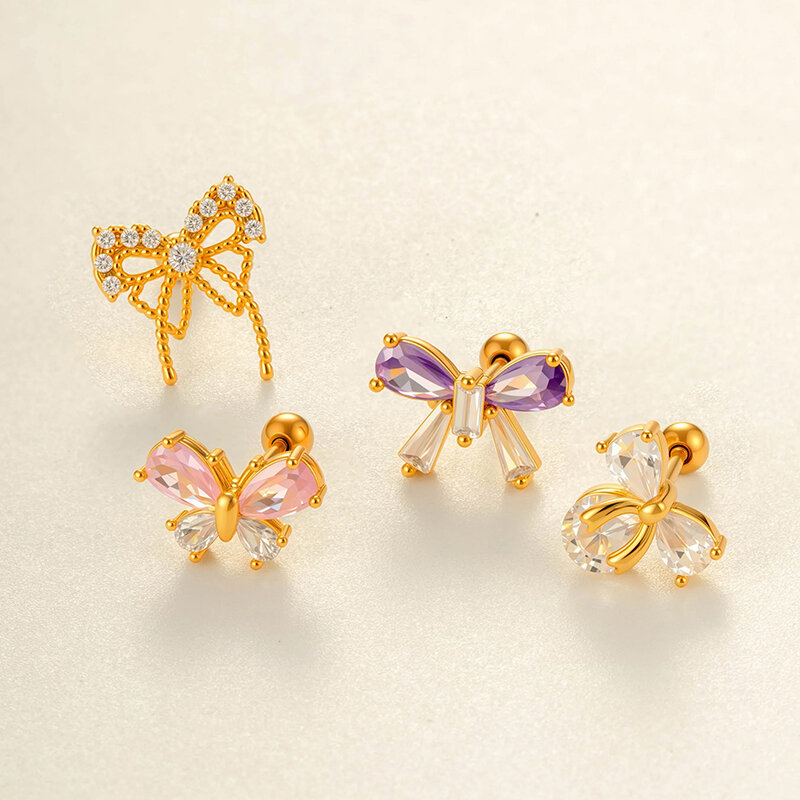 1 Piece Bow Knot Copper Gold Color  Zircon Piercing Earring