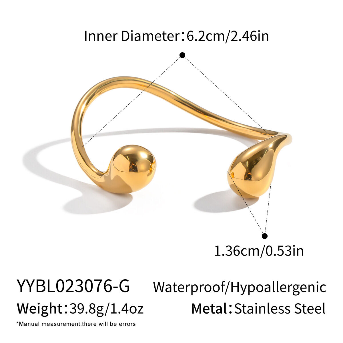1 Piece Irregular Shape Stainless Steel Waterproof Gold Color Cuff Bangle h5 