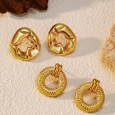 1 Pair Classic Hammer Pattern Stainless Steel Waterproof Gold Color Stud Earrings
