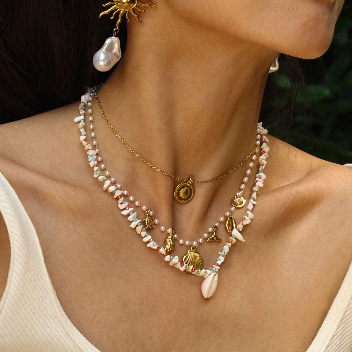 1 Piece Shell Natural Stones Gold Color Beaded Necklace