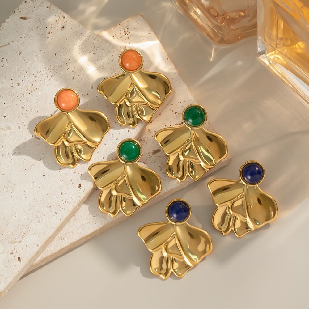 1 Pair Irregular Shape Stainless Steel Waterproof Gold Color Natural Stone Women's Stud Earrings h5Picture4