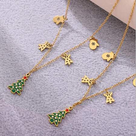 Christmas Tree Stainless Steel Waterproof Gold Color Zircon Women's Pendant Necklaces