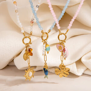1 Piece Sweet Flower Sun Fish Stainless Steel Waterproof Gold Color Women's Beaded Necklaces h5 Picture3
