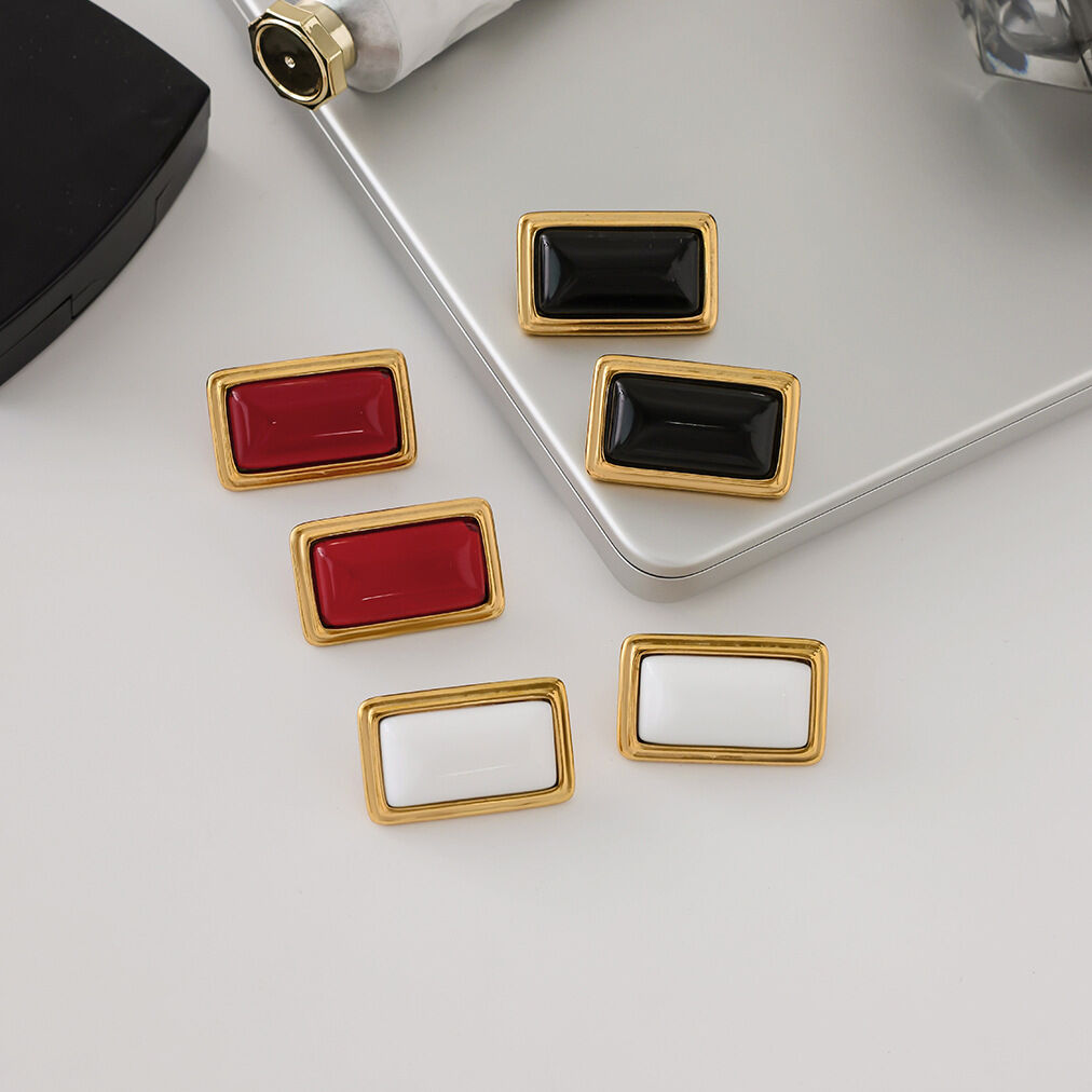 1 Pair Retro Rectangle Agate Stainless Steel Waterproof Gold Color Women's Stud Earrings h5 Picture5