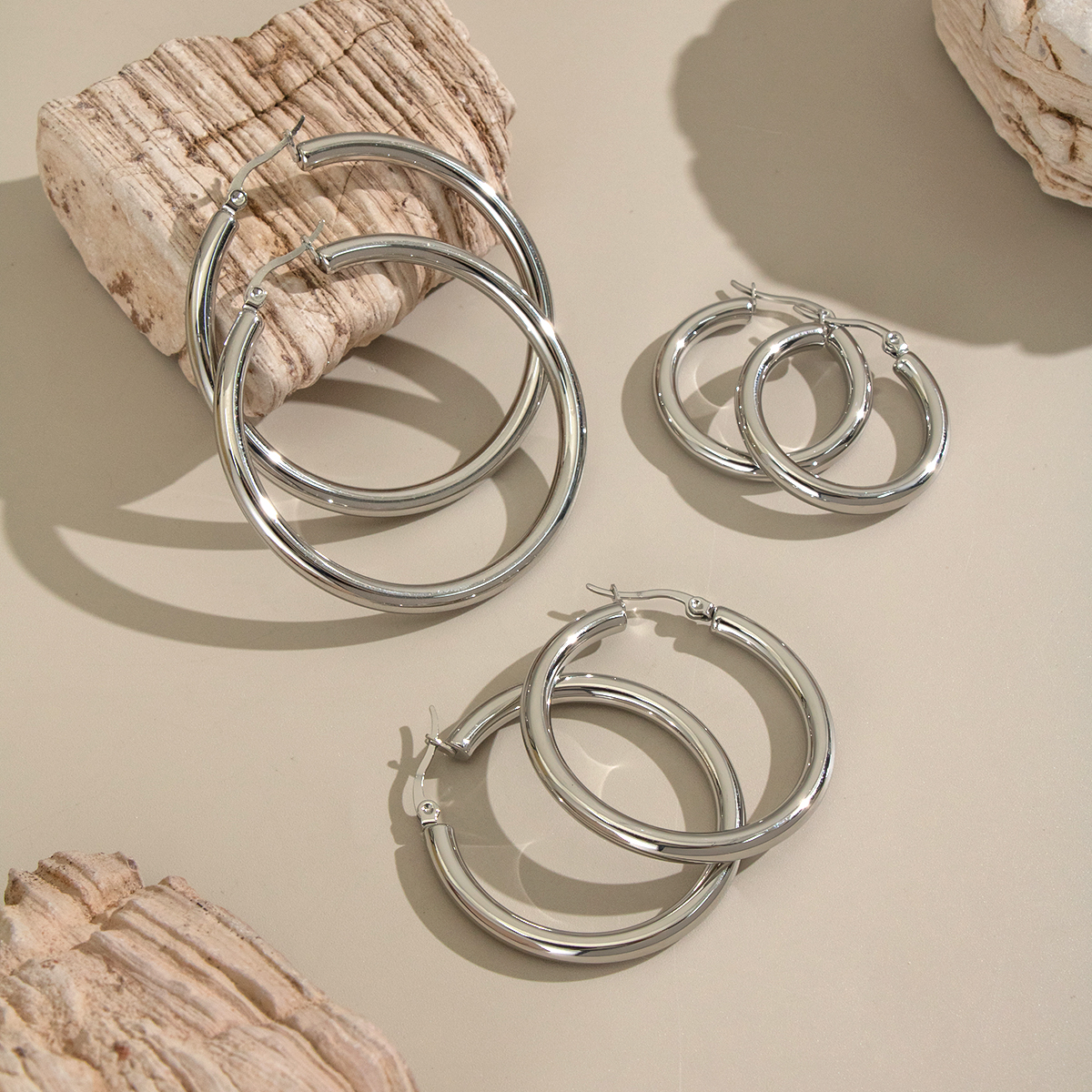 1 Pair Circle Stainless Steel Waterproof Gold Color Basic Hoop Earrings h5 Picture5