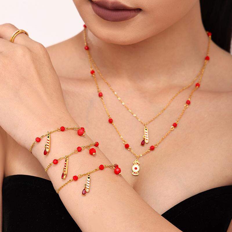 Weihnachtliche Schmucksets aus Edelstahl, wasserdicht, goldfarben, mit Granatbesatz für Damen