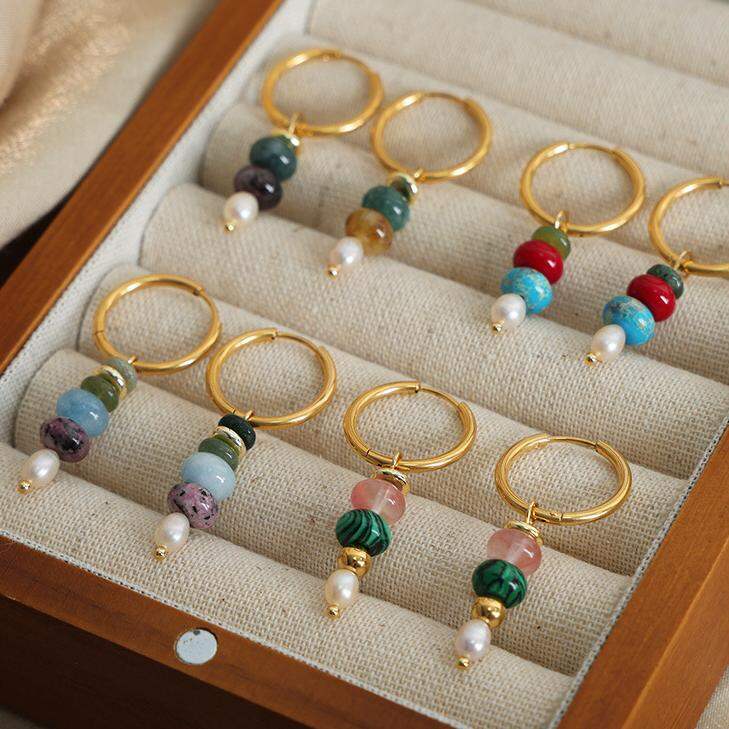 1 paio di eleganti orecchini pendenti da donna in acciaio inossidabile con perline e pietra naturale impermeabile Immagine4