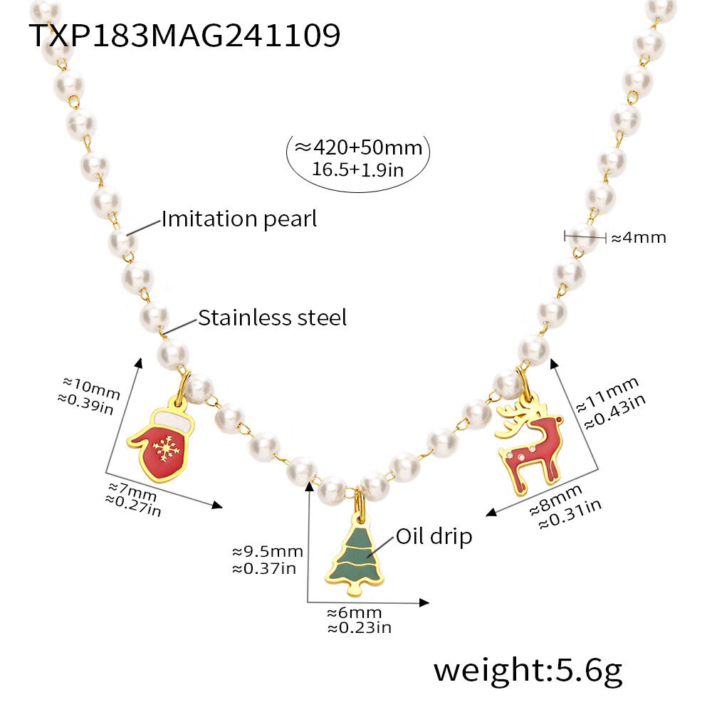 Lussuosi set di gioielli da donna in acciaio inossidabile color oro impermeabile con perle artificiali natalizie
