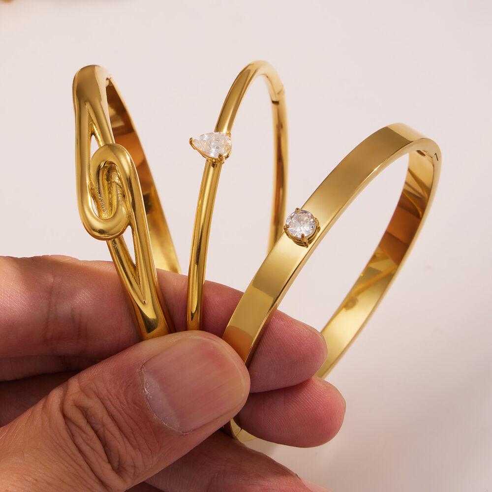 1 Piece Designable Irregular Shape Twist Stainless Steel Waterproof Gold Color Zircon Women's Bangles h5Picture4
