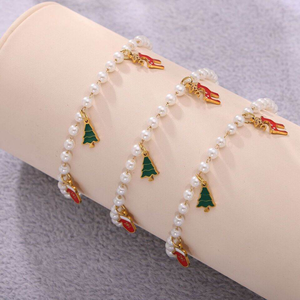 Lussuosi set di gioielli da donna in acciaio inossidabile color oro impermeabile con perle artificiali natalizie h5Immagine4