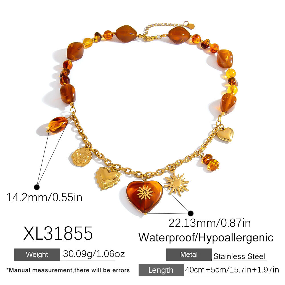 1 Piece With  Amber  Colored Resin Beaded Heart Pendant Women's Beaded Necklaces h5 Picture2
