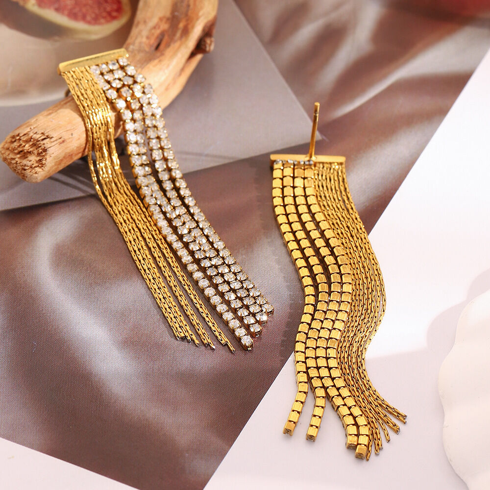 1 Pair Exquisite Tassel Stainless Steel Waterproof Gold Color Zircon Women's Party Earrings Picture4
