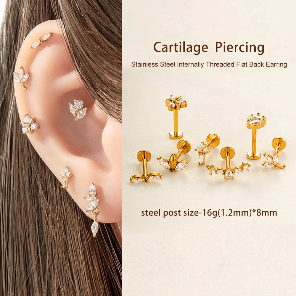 1 Piece Leaf Shape Stainless Steel Waterproof Gold Color Zircon Piercing Earring h5Picture4