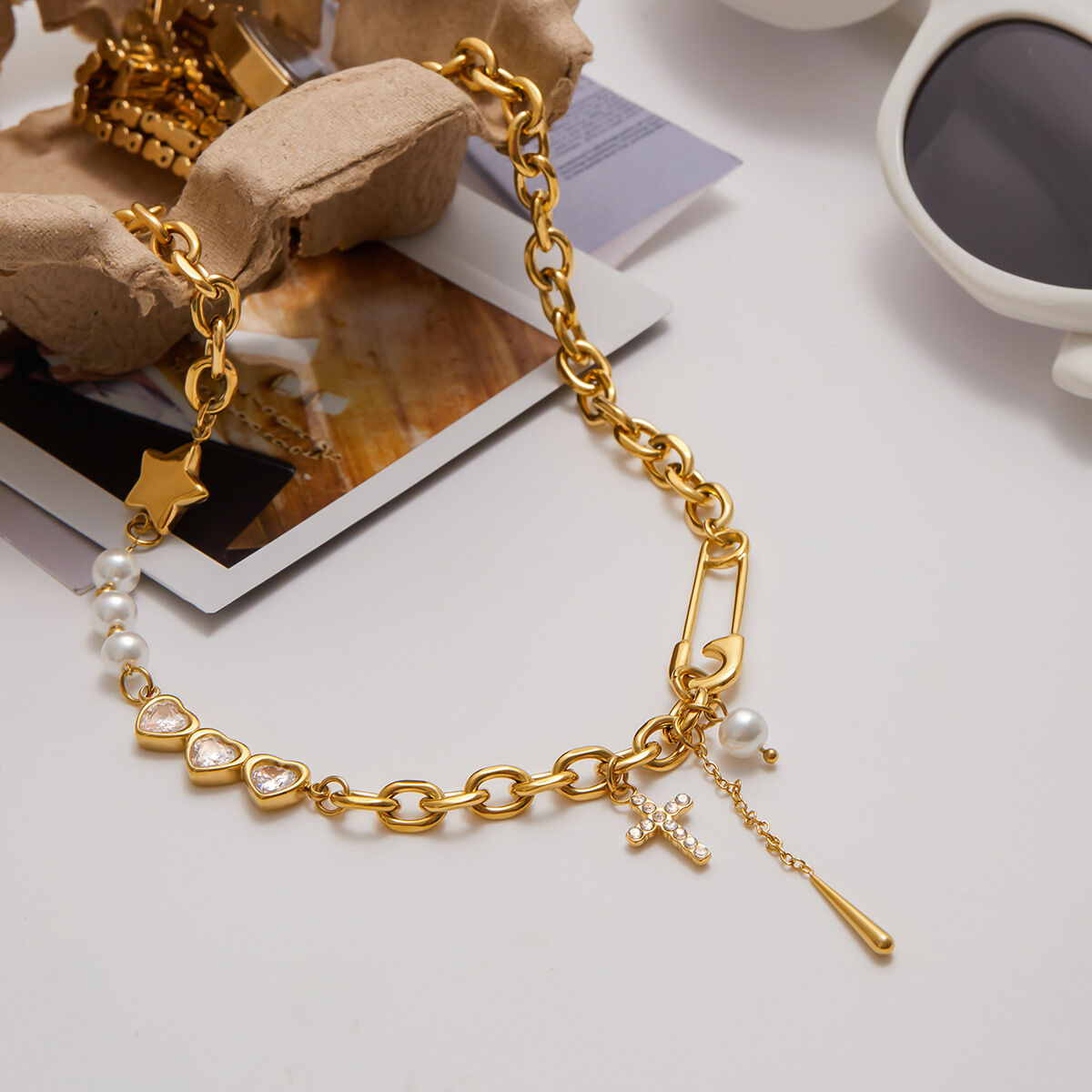Elegant Cross Stainless Steel Waterproof Gold Color Women's Pendant Necklaces 2