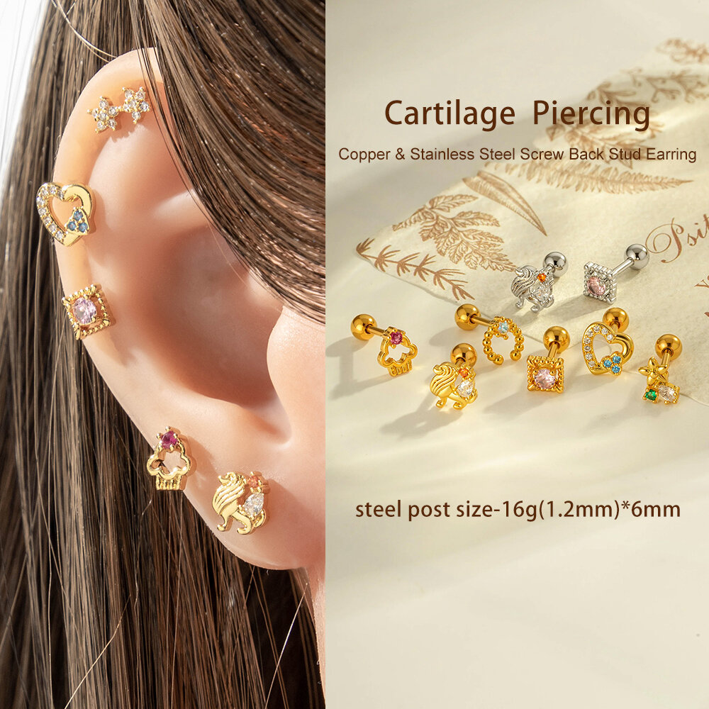 1 Parça Kalp Bakır Altın Renkli Zirkonyum Piercing Küpe h5Resim4